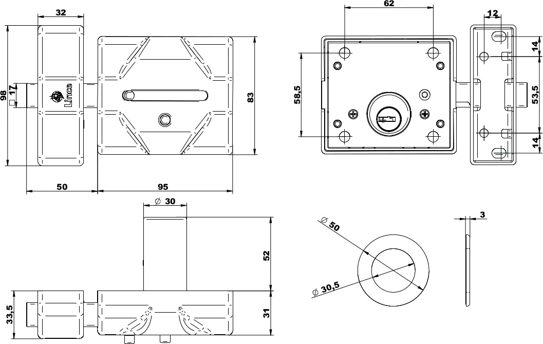 Dibujo con las dimensiones del cerrojo Lince 7930RSS en milímetros